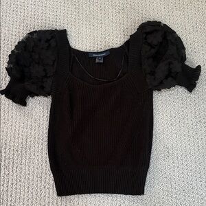 French Connection Black Puff Sleeve Floral Applique Knit Top
